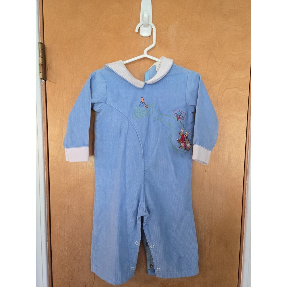 VTG 70s BEATRIX POTTER RABBITS EMBROIDERY BLUE COTTON CORDUROY 1-PIECE BABY 12 M